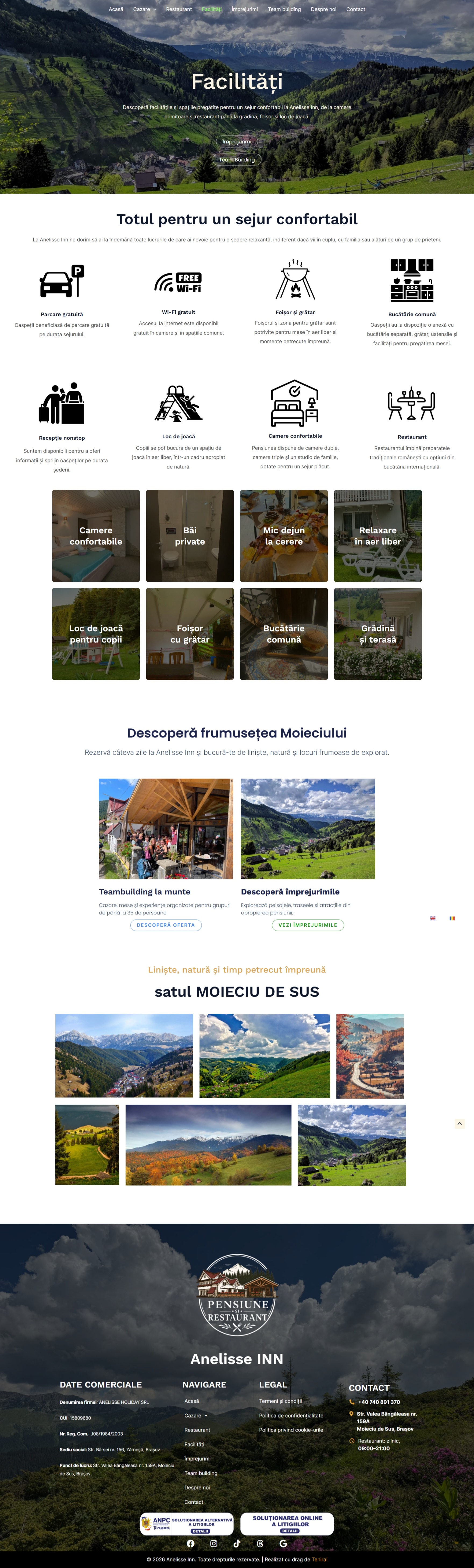 Pagina de facilități pe desktop